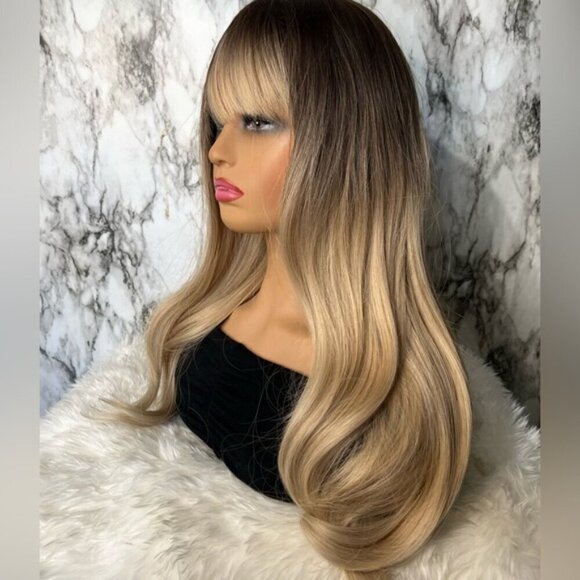 22 Inch Brown Roots Light Blonde Medium Balayage Wig with bangs Natural Look - Picture 5 of 8